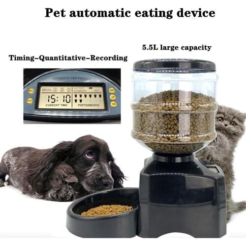 5.5L Pet Cat Feeder Dogs Automatic Feeder Cats Food Dispenser Dog Kitten Food Bowl Puppy LCD Recording Time Setting Feeding Bowl