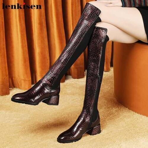 Lenkisen gorgeous print genuine leather stretch boots mixed colors round toe high heels side zip warm women knee high boots L23
