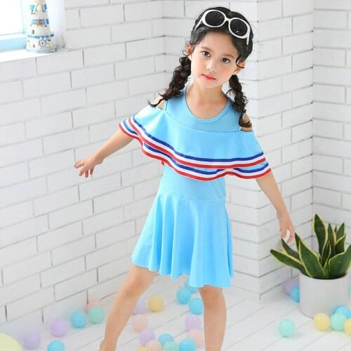 Dszl fashion childrens swimsuit womens one-piece large Ruffle shawl girls' swimsuit off the shoulder childrens swimsuit
