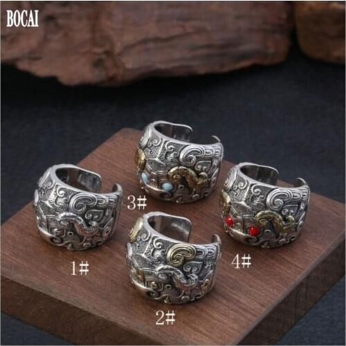 BOCAI New 100% Real S925 sterling silver accessories Yak ring for men fashion domineering ring Thai silver adjustable man rings