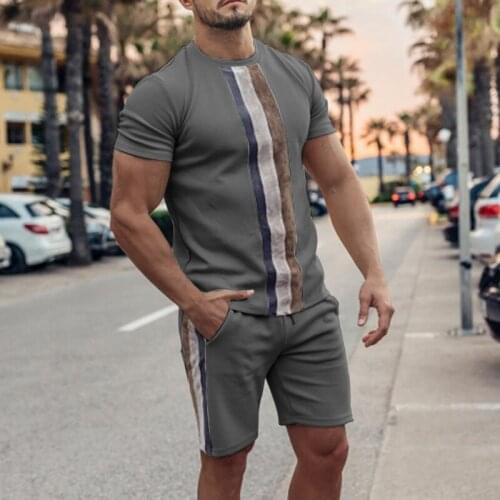2021 Mens Summer Striped Short Sleeve Casual Suit Two Piece Set