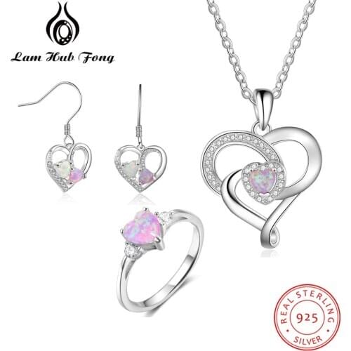 925 Sterling Silver Jewelry Sets with Pink Heart Opal Stone Clear CZ Ring Necklace Earrings Bridal Jewelry Sets (Lam Hub Fong)