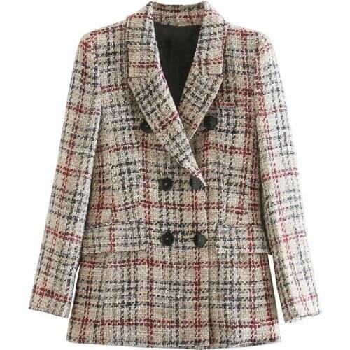 Elegant Women Tweed Blazer Fashion LadIes Plaid Knitted Jacket Streetwear Female Causal Double Breasted Coat Chic Girls Slim Set