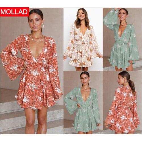 2021 Spring and Autumn AliExpress New Hot-Selling Bell Sleeve V-neck Printed Dress