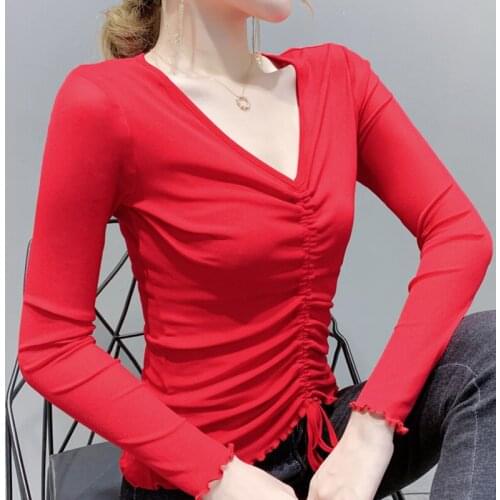 V-Neck Sexy T-Shirt Fashion Women Slim Exposed Navel T-Shirt Long-Sleeved Bottom Slim Short Tee Shirt Autumn Winter Pullover