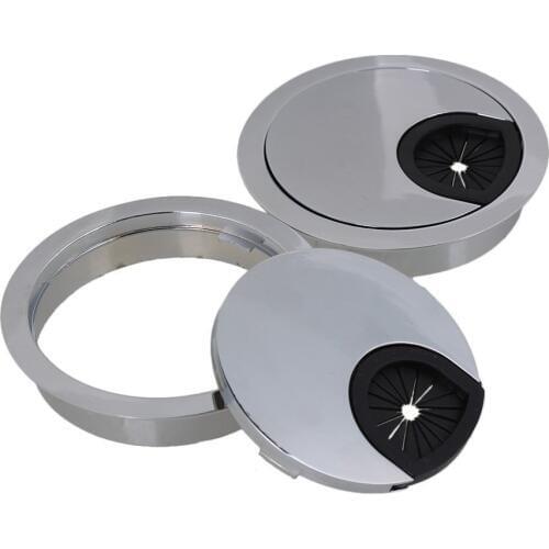 Bright Silver Zinc Alloy 60mm Computer Desk Cable Grommets Wire Hole Round Cover Pack of 2