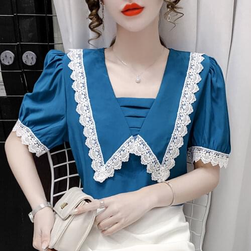 Doll Collar Lace Chiffon Shirts Women Summer Korean Style All-Match Blouses Loose Short Sleeve Splice Blusas Tops MM0706