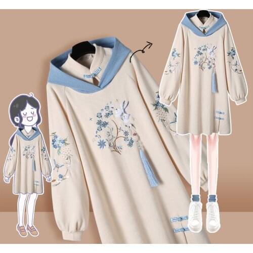 National Tide Chinese Style Temperament Harajuku Hoodies Spring New Womens Chinese Elements Sweatshirt Dress Cheongsam Vestidos
