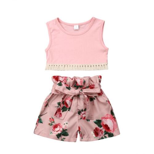Toddler Kids Baby Girl Tassel Vest Tops Floral Bow Shorts Pants Outfits Sunsuit Baby Clothes