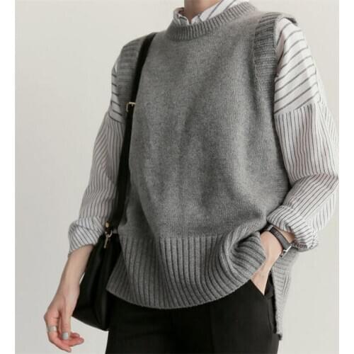 LMQ NEW Pretty Wool Sweater Vests O-Neck Solid Loose Trendy Korean Style Sleeveless Knitted All-match Simple Leisure Chic Vest
