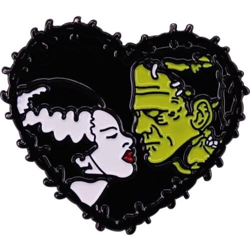 Horror Movie Accessories Bride of Frankenstein Bride & Frankenstein Love Heart Enamel Lapel Clothes Coats Badge Brooch Pin
