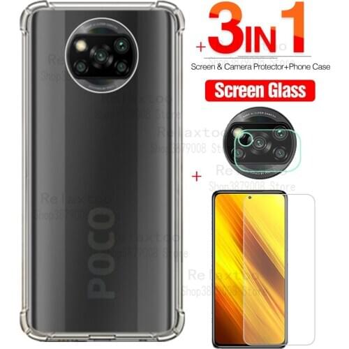 Poco x3 case 3-in-1capa,glass+airbag case for xiaomi poco X3 clear anti-shock cover poco x3 afe pocophone x3 x 3 on xiomi pocox3
