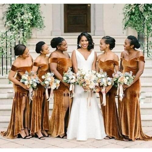 Long Off Shoulder Mermaid Bridesmaid Dresses with Slit Vintage Velvet Corset Back Brautkleider Robes de Soirée for Women
