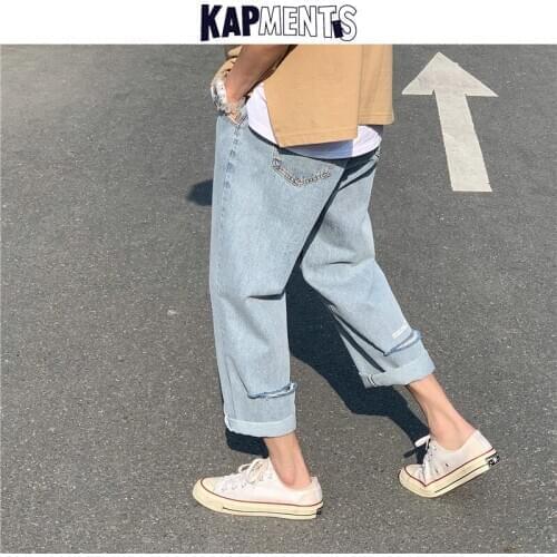KAPMENTS Japanese Streetwear Baggy Jeans Pants For Men 2020 Mens Harajuku Vintage Denim Pants Male Korean Straight Hole Jeans