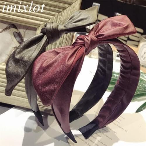 Imixlot New Vintage Leather Bowknot Hair Accessories For Women Classic Hair Band Headwear Hair Hoop