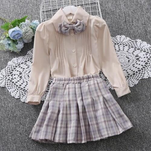 Fashion Baby Girls Clothes Spring Autumn Long Sleeve Chiffon Shirt Pleated Skirt 2 Pieces Kids Sets Cute Teens Outfits Vestidos
