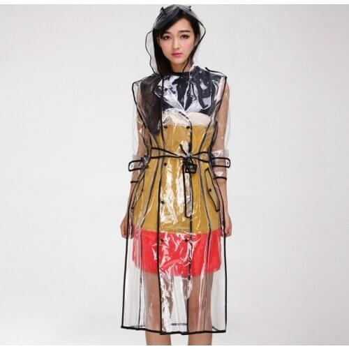 EVA Transparent With Belt Jacket Fashion Ladies Raincoat Outdoor Hiking Rain Coat Waterproof Adult Women Clear Travel Poncho