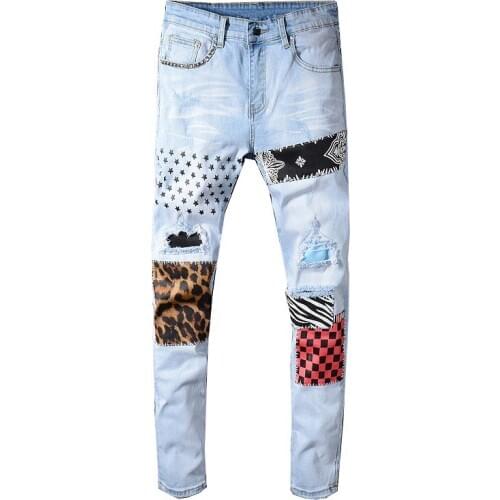 2020 new Mens stars printed leopard patchwork rivet slim jeans Light blue holes ripped skinny stretch denim pants Trousers