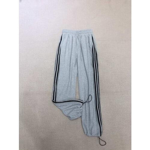 Fashion 2021 new women loose side striped webbing stitching zipper elastic waist gray drawstring pants 0404