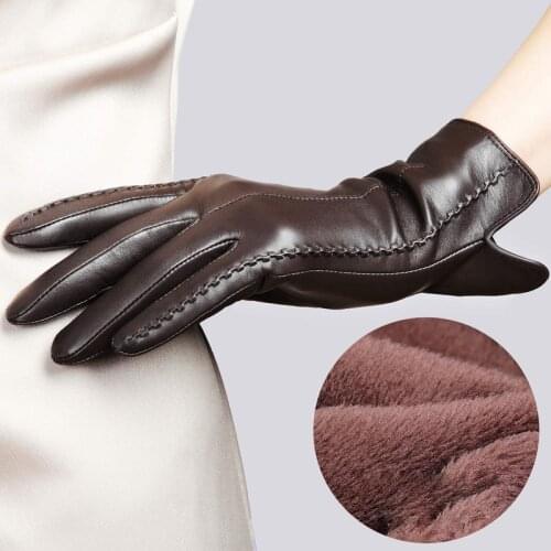 High Quality Leather Female Fashion Winter Plus Coral Velvet Warm Gloves Women Driving Touch Screen Gloves Mittens Free Shipping