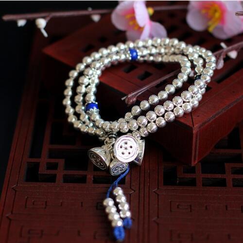 Limited Edition Pure Silver Buddhist Lotus Seed Bracelet Band Fine Jewelry S925 Silver Lapis Lazuli Chian Chinses Style Bangle