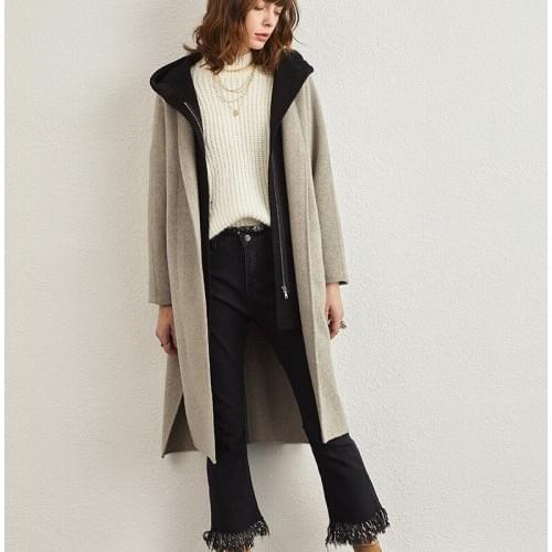 Brand jacket women wool coat with hooded double cashmere coat 2020 autumn winter spring female long loose woolen overcoat black