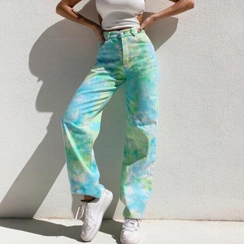 Tie-dye Straight Womens jeans Baggy Vintage High Waist Boyfriends Style Denim Distressed Streetwear