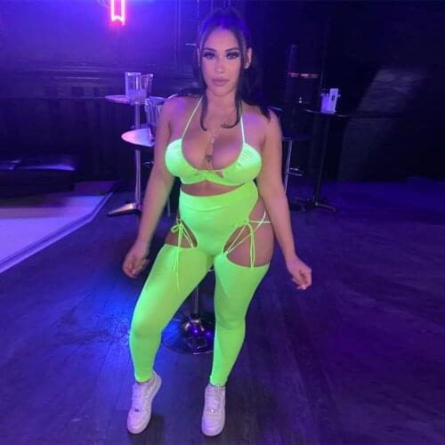 Sexy Hollow Out Bandage Bodycon Trousers and Sleeveless Backless Halter Crop Top Female Party Nightclub Casual Two Piece Sets