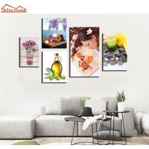 ShineHome-5pcs Painting Print on Canvas Modular Picture Spa Nail Body Salon Yoga Artwork on Wall Massage Oil Zen Stone Flowers