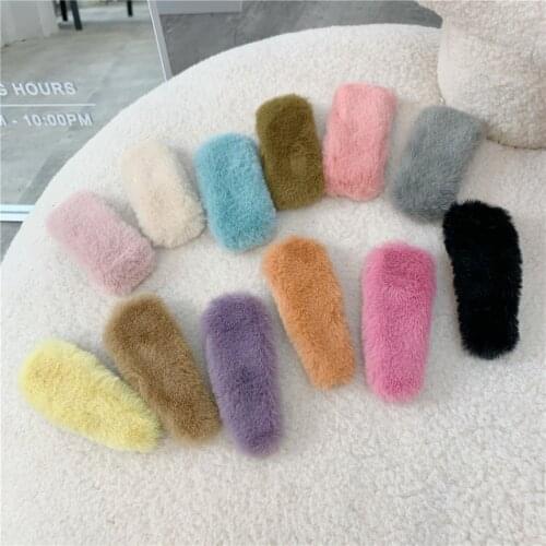 Cute Pastel Color Hair Clip For Women Girls Water Drop Duckbill Barrette Plush Hairpin Faux Rabbit Fur Hair Accessories