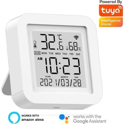 Tuya WIFI Smart Temperature Humidity Sensor Digital Thermometer Hygrometer Time Date LCD Screen Detector Smart Home Desk Clock