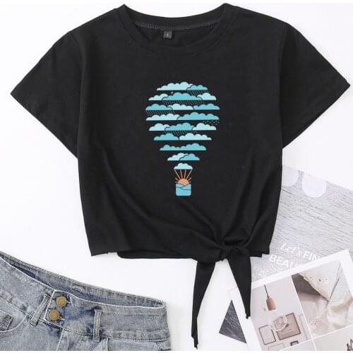 Air Balloon Knotted Crop Top Shirt Womens Summer Short Sleeve Print Cotton T-Shirt Cropped Tops Graphic Tee with Front Tie Knot