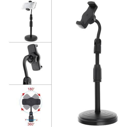 Extendable Live Broadcast Cell Phone Holder with 360° Rotation Microphone Clip and Lifting Mount Stand for Studio Video Chatting