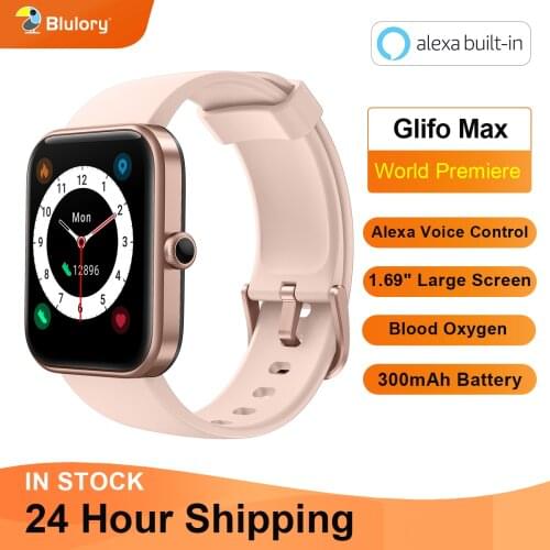 Blulory Alexa Amazon Voice Control Smart Watch 1.69" Long Battery 5ATM Waterproof Blood Oxygen Heart Rate Women Men Bracelet
