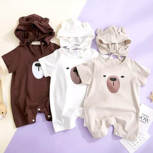2021 Summer Baby Bodysuits Fashion Bear Print Short Sleeve Rompers Playsuits+ Sunhat 2PCS Sets Toddler Boy Girls Clothes Outfits