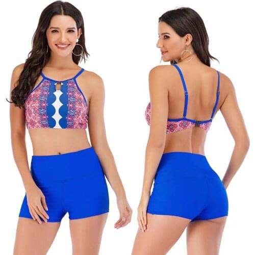 2 Pieces Women Sling Bra+Boxer Shorts Bikini Sets Fashion Vintage Floral Print Bathing Suits Female High Waist Bandage Swimsuits