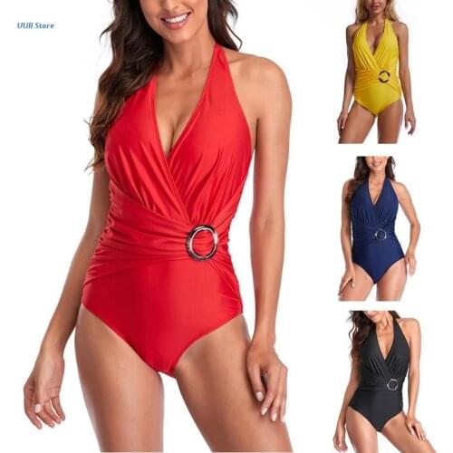 Womens Sexy Deep V Neck One-Piece Bikini Ruched O-Ring Buckled High Waist Swimsuit Halter Backless Solid Color Monokini Bathing