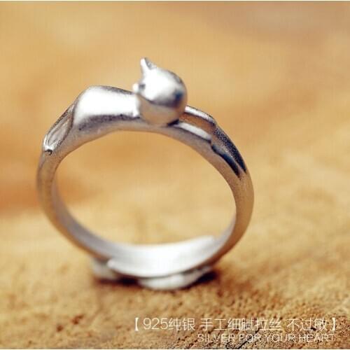 925 sterling silver small animal cat ring sweet female cute opening adjustable ring