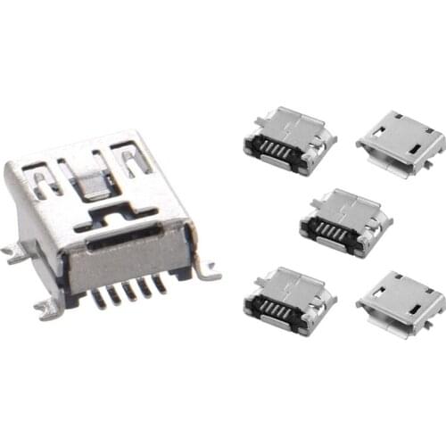5 Pcs Mini USB Type B Female Port 5-Pin 180 Degree SMD SMT PCB Socket & 5Pcs USB Micro-Type-B 5Pin Female Jack Connector
