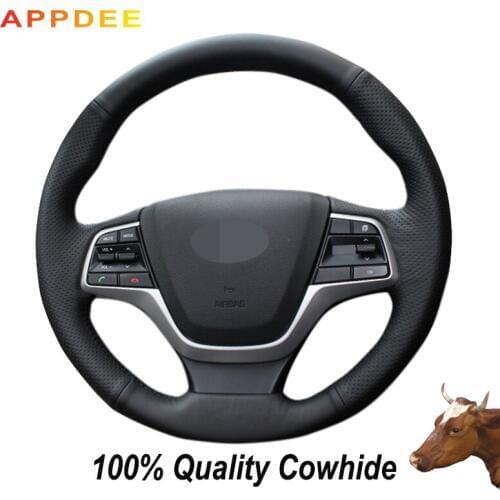 APPDEE for Hyundai Elantra 4 2016 2017 Solaris 2017 Accent 2018 Black Genuine Leather Car Steering Wheel Cover Accessories
