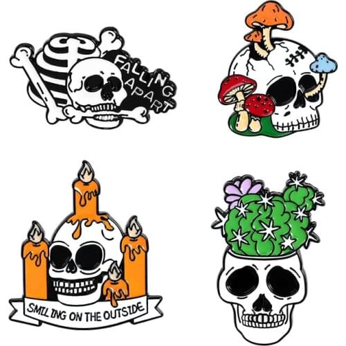 Gothic Punk Decayed Bones Enamel Lapel Pins Mushroom Cactus Candle & Skull Brooches Badges Fashion Pins Gifts for Friend Jewelry