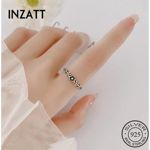 INZATT Real 925 Sterling Silver Black Flower Adjustable Ring For Fashion Women Party Minimalist Fine Jewelry Cute Accessories