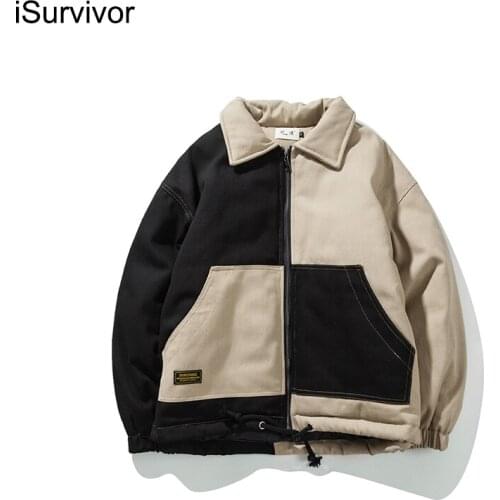 ISurvivor 2021 Winter Japanese Stitching Contrast Color Thickening Tooling Cotton Coat Trend Loose Hooded Cotton Coat