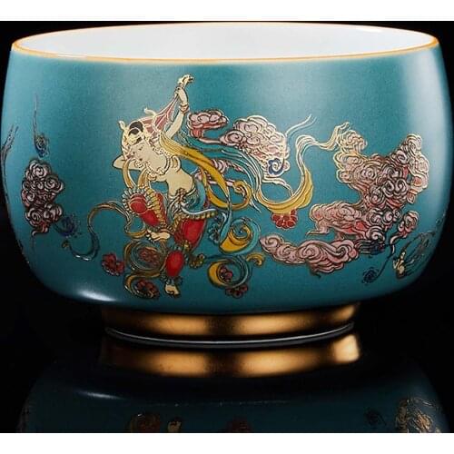 Chinese Retro Ceramic Tea Cup With Color Enamel, Personal Kung Fu Tea Set with Classic Dunhuang Patterns