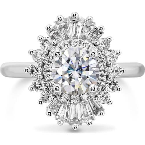 1.00 carat 6.5mm Round Brilliant Cut Moissanite Engagement Ring Setting with Baguette Stone Halo Solid 14k White Gold