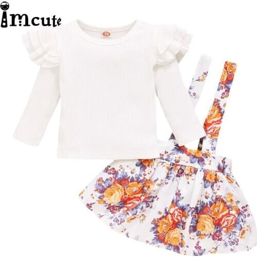 Imcute 2Pcs Infant Baby Floral Print Suspender Skirt Outfits Toddler Kids Solid Long Sleeve Blouse Tops+Overalls Sets Clothes