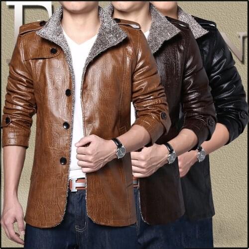 Winter Leather Jacket Men Long Wool Stand Collar Coats Male Business Black Leather Windbreaker Motocycle Jackets Parkas Outwear
