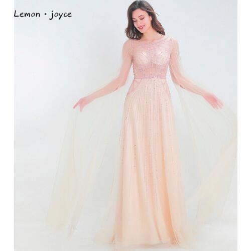 Lemon joyce Elegant Long Evening Dress 2020 Tulle Beaded Backless Long Sleeves Party Dresses Prom Dress Gown For Women Plus Size