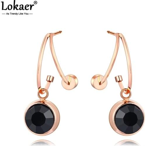 Lokaer Trendy Titanium Stainless Steel Double CZ Crystal Earrings Jewelry Rose Gold Creative Earrings For Women Girls E20060