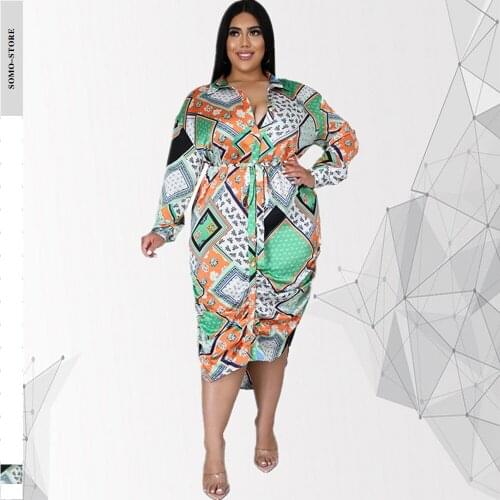 Autumn Plus Size Women Dress 4xl Fashion Turn Down Collar Loose Print Waistband Midi Shirt Sexy Dresses Wholesale Dropshipping